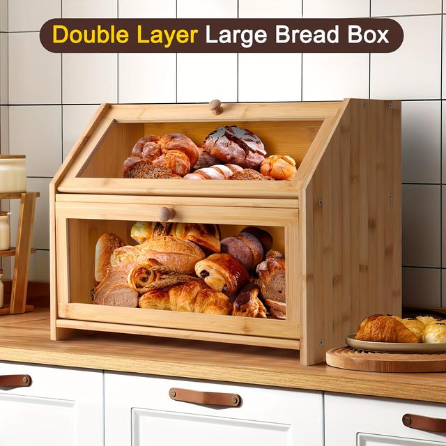 TEMU Natürliche Bambus-Brotbox mit Eisdeckel & transparentem Fenster – 2-Etagen große Kapazität Vorratsbehälter, Selbstmontage Brot- Kuchenaufbewahrungsbox für Bäckereien