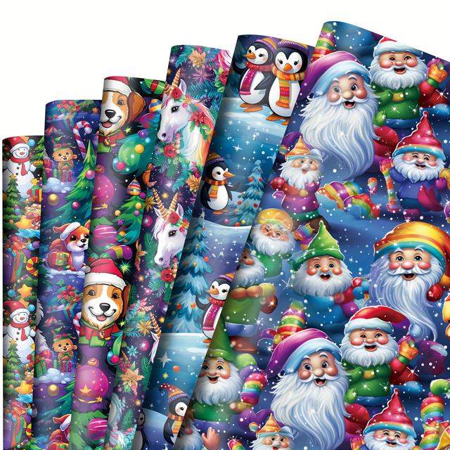 TEMU 6pcs Cartoon-themed Christmas Gift Wrap Paper, 20x28 Inch, Assorted Festive Designs With Santa, Snowflakes & Holiday Animals, Material, For Celebrations