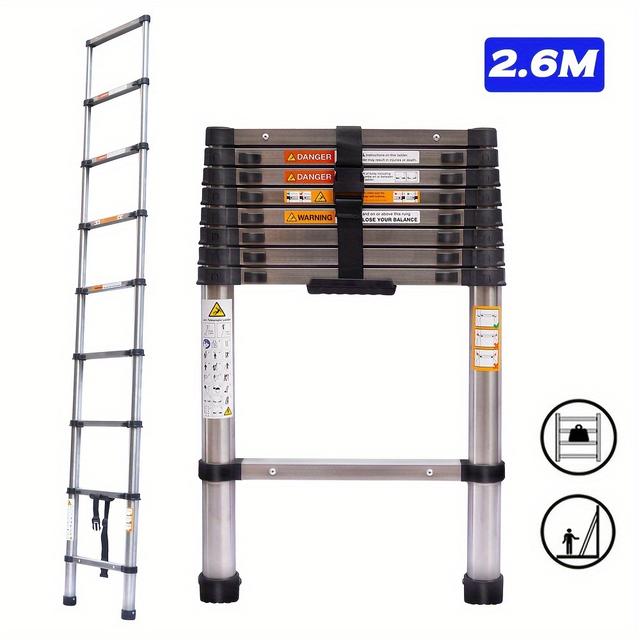 TEMU Échelle Télescopique en Acier Inoxydable - 8.5ft Extensible, Antidérapante & Épaisse pour une Résistance Élevée, Échelle Pliante Multi- avec Poignée pour Camping-Car, Grenier, Maison