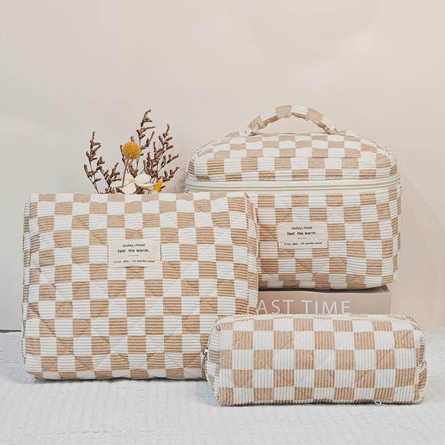TEMU New Makeup Bag Set Of 3, Women's Quilted Pattern Handbag, Toiletry Organizer, Large Capacity Cute Bag, Checkered Pattern Cosmetic Case, For Cosmetics Essentials