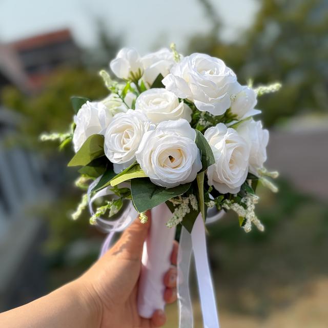 TEMU 1pc Elegant Artificial Roses Bouquet For Bride Bridesmaid, 9.8*8.6in Simulated Roses With Green Leaves & Ribbon Decor, Weddings, Engagements, Parties, Gift For Anniversary, Valentine's Day