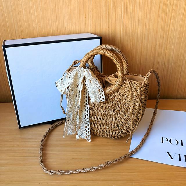 TEMU Casual Woven Top-handle Bag For Wo - Solid Color Straw Handbag With Fixed Shoulder Strap, Drawstring Closure, Polyester Lined, Summer Fashion Beach Bag