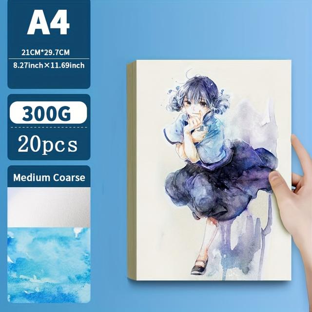 TEMU Waterverf Papier van Houtpulp, Eenzijdig Middelmatige Ruwe Textuur voor Aquarel Schilderen en Tekenen met Waterkrijt of Kleurpotlood - Set van 20 Vellen (A4, 160g/200g/250g/300g)