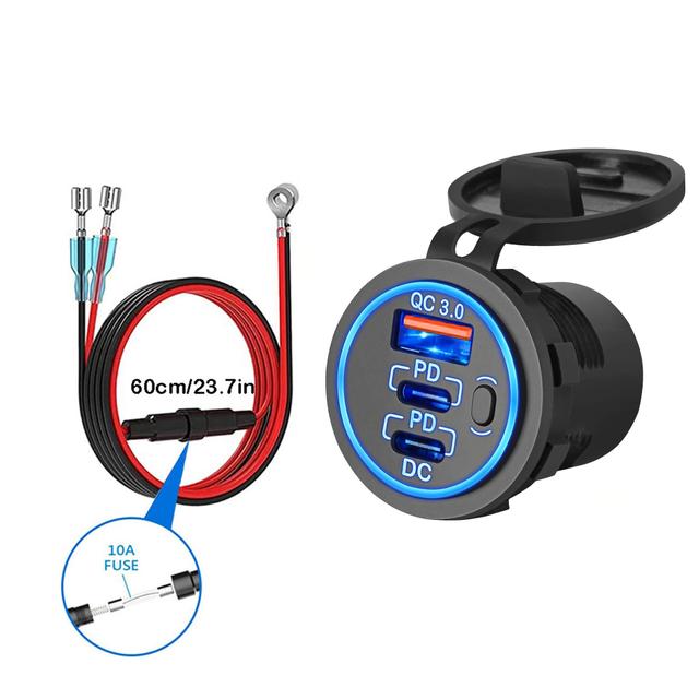 TEMU Triple-port Fast Car Charger Usb Outlet With Type-c Socket, Pd 3.0 & Qc 3.0, Button Switch, Compatible With 12v/24v Vehicles, Boats, Atvs, Buses, Trucks, Rvs, Motorcycles - No Battery Required