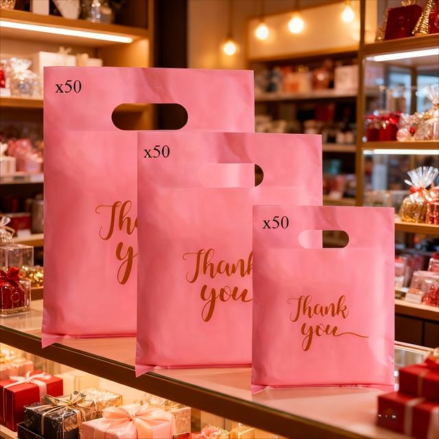 TEMU 50 Pink Thank You Gift Bags | Reusable Pe Material, Available In 3 Sizes, Ideal For Retail Boutiques, Parties, Holiday Gatherings, And Various Product Packaging