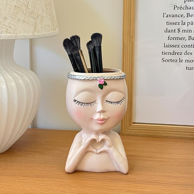 TEMU 1pc Makeup Brush And Eyebrow Brush Holder, Resin Material, Luxurious Modern Creative Half-body Storage Brush , Desktop Organizer For Cosmetics And Bathroom Accessories