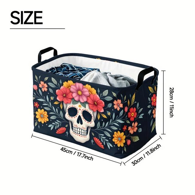 TEMU 1pc, Collapsible Storage Container Featuring A And Rose Tattoo, Spacious Storage Basket With Handles, Ideal For Organizing Shelves