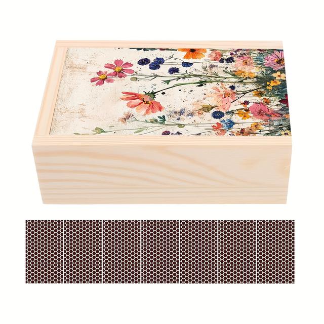 TEMU 1pc Floral Illustration Wooden Matchbox(matches Not Included), Forest-inspired Literature Floral Lid, -retrieval Design, Aromatic Candle Ignition, Natural-style Desktop , Perfect Gift For
