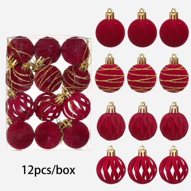 TEMU 12pcs Classic Christmas Ornaments - 4cm Flocked Plastic Balls With & Snowflake Designs, Red, Green, Blue, White, Brown - Tree, Store & Outdoor Holiday Decorations, Christmas Decorations