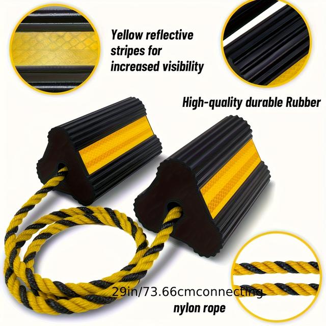 TEMU Wheel Chocks (1 Pair With Rope) For Rv Trailer Camper Truck Car Aircraft, Versatile Heavy Duty Rubber Wheel Chocks Block With 3 Reflective Strips, Tire Wheel Immobilizers & Chocks