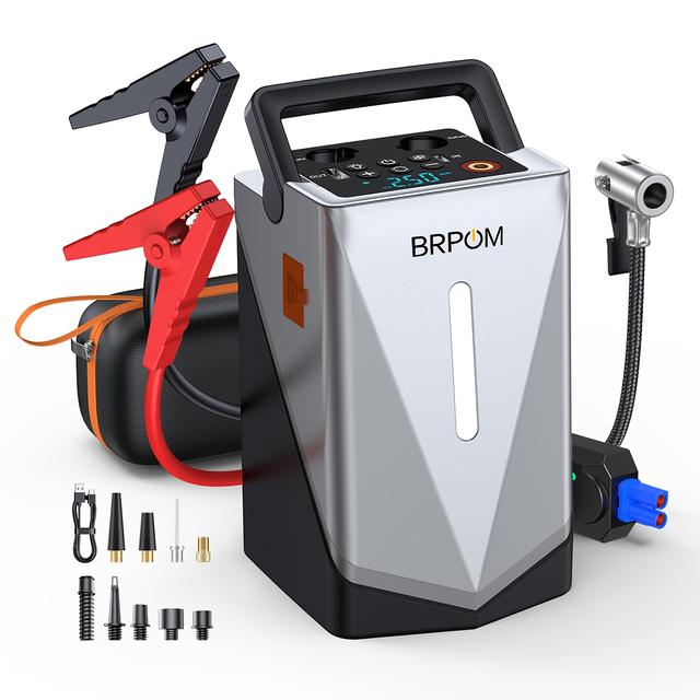 TEMU BRPOM Kfz-Starthilfe mit Akku-Luftpumpe und Batterie-Booster für alle Benzin- und bis zu 10.0L-Dieselautos, 12V Starthilfe-Powerbank mit LED-Taschenlampe