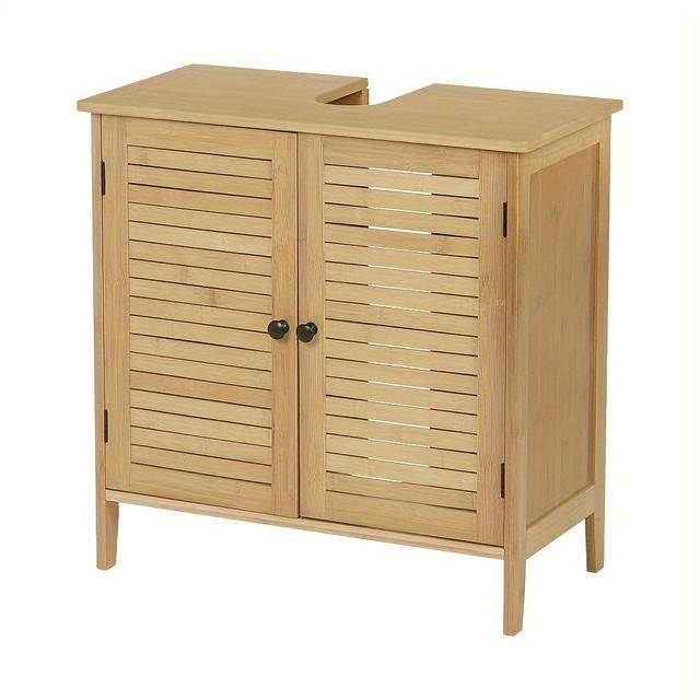 TEMU 1pc Modern Minimalist Bamboo Bathroom Cabinet With 2-door Sink Base Storage - Bamboo Vanity Unit Suitable For Small Bathrooms, 60x30x60cm, Storage Drawer Units
