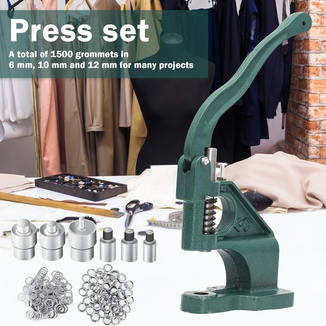 TEMU Hand Press Grommet Machine, Heavy Duty Hand Press Grommet Eyelet Machine Industrial Grommet Eyelet Tool Kit Table Mount Hole Punch Tool With 3 Dies And 1500pcs Grommets 6/10/12 Mm
