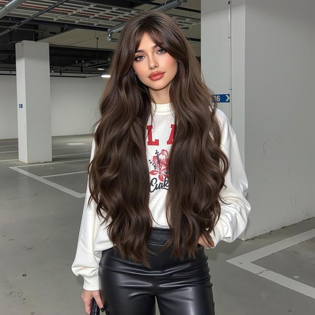 TEMU 28-inch Brown Curly Wave Ladies' Wig With Bangs | High Temperature Fiber , Suitable For , Parties, Music Festivals, Concerts -