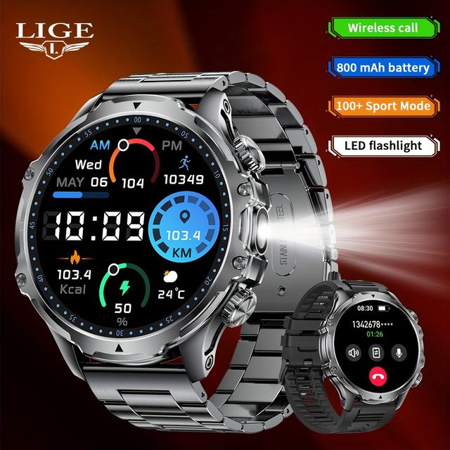 TEMU LIGE Smartwatch, 1,9-calowy ekran HD, latarka LED, bezprzewodowa rozmowa, tryb sportowy, bateria 800mAh, IPX8, dla iPhone i , 2 paski, czarny/srebrny, prezent dla mężczyzn, prezent na Walentynki