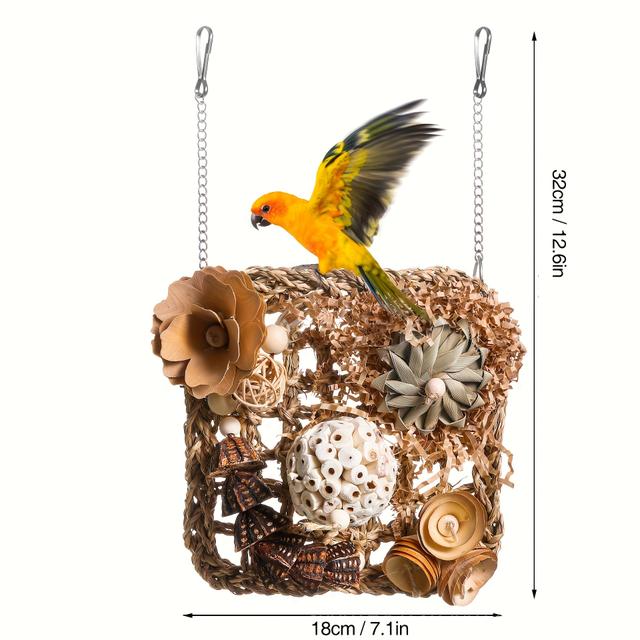 TEMU Natural Woven Grass Ball Parrot Toy With Wooden Accents - High-quality Bird Enrichment Toy For Chewing And Climbing, Assorted Colors And Styles, Bird Toy, Entertainment