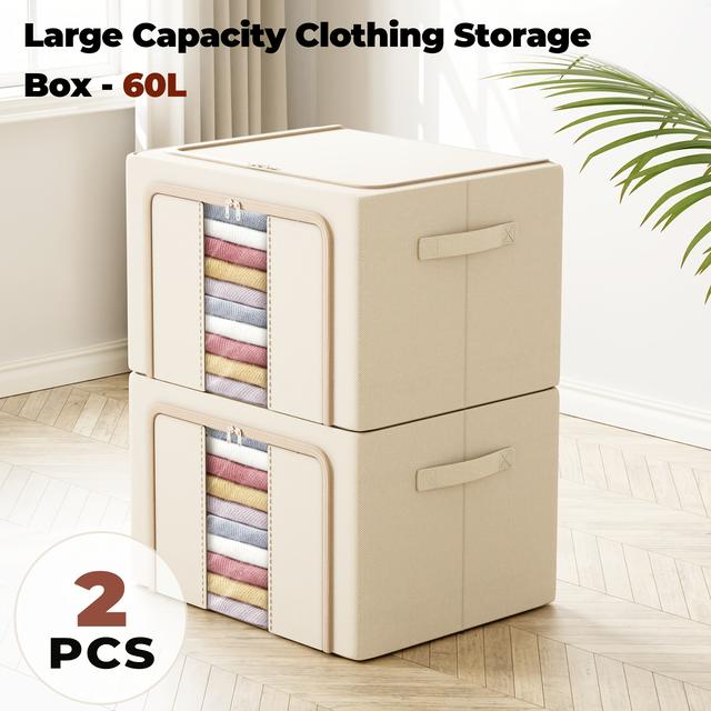 TEMU 2pcs 66l Large Capacity Storage Bins With Support Metal Frame - Foldable Fabric Organizer For Clothes & Books, Ideal For Moving & Packing Solutions,