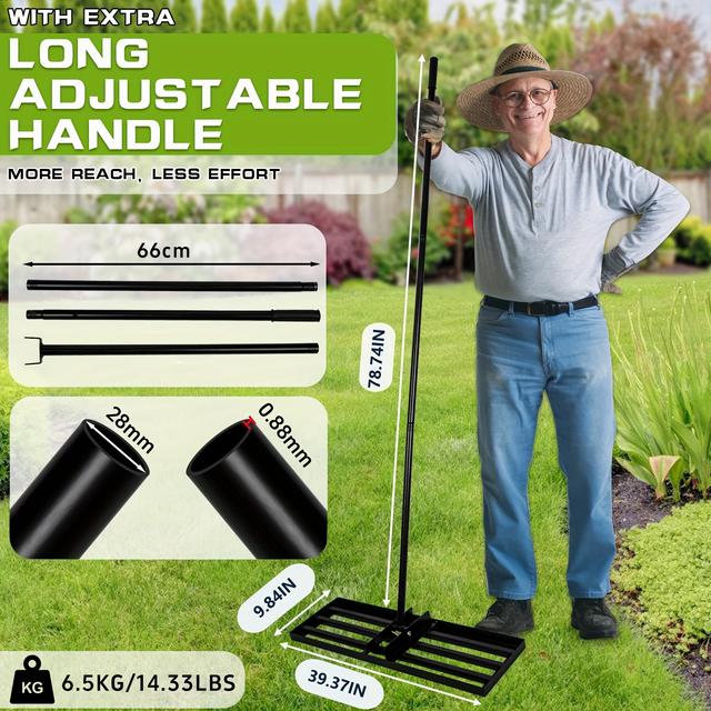 TEMU 1pc Lawn Leveler, 17.72in, 29.53in, 39.37in Leveling Lawn Tool/soil Lawn Rake Metal Leveling Rake Landscape Rake With Handle For Garden Backyard Golf/lawn