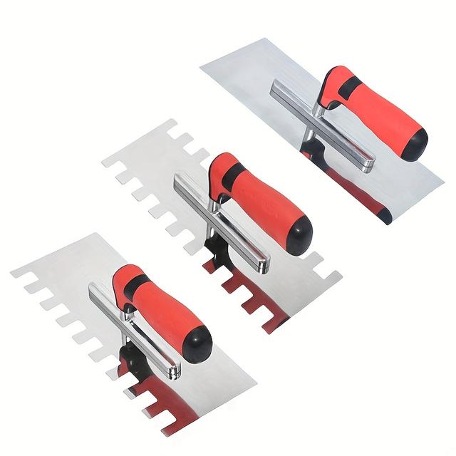 TEMU 3pcs High Hardness Trowel Set, Large Square Toothed Tile Spatula With Notched Edge, Serrated Smoother And Flat Mortar Trowel, Bricklaying Tool Helper For Tiles