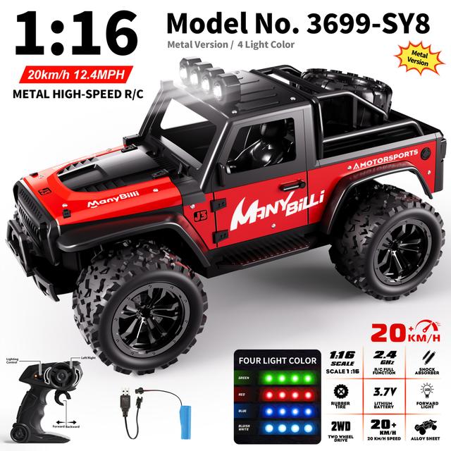 TEMU K.k 1:16 Scale Metal Remote Control Cars, 2wd Rc Vehicle With A Of 20km/h, 2.4ghz, Featuring 4 Colored Headlights, An Ideal Present For Halloween, Christmas, And Thanksgiving