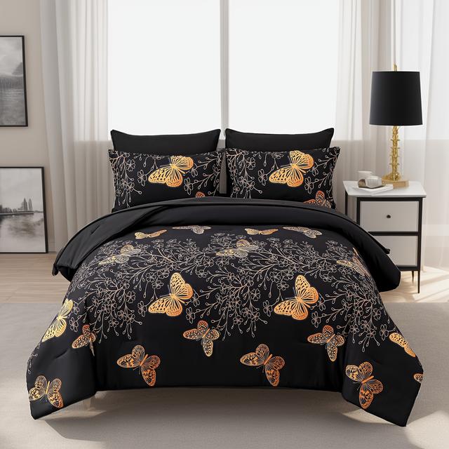 TEMU 7pcs Golden Print Comforter Set - Stain Resistant, Ultra Soft Microfiber, Lightweight, Woven Bedding With 100% Polyester Fiber Fill - Queen/king Size Bed In A Bag For All