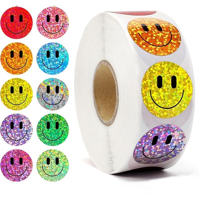 TEMU 500 Shiny Laser Star & Face Stickers | 1-inch Round Paper Stationery Stickers For Gift Boxes, Envelopes, And Scrapbooking In Mixed Colors