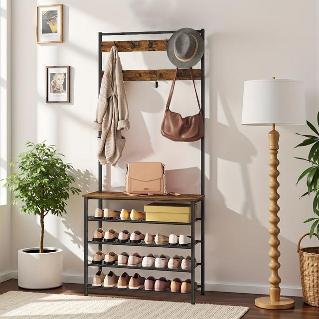 TEMU Perchero con Armario para Zapatos y Ropa, Mueble de Almacenamiento de Calzado con 5 Niveles, para Pasillo, Marrón