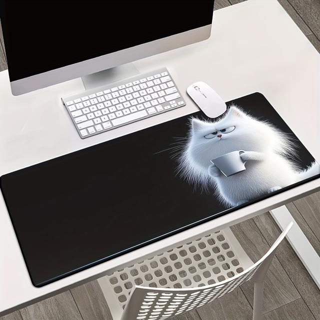 TEMU Xxl Cute White Cat Hd Printed Desk Mat - Non-slip, Gaming Mousepad For Office & Home, Large - Perfect Gift For Family, & Pc , Mouse Pads For Desk