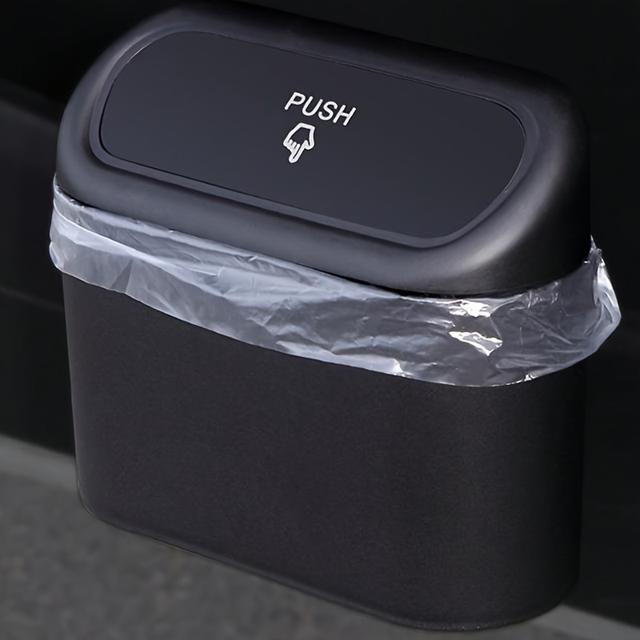 TEMU Trash Bin - Sleek Black, Easy-hang Design For Interior Use, Plastic Waste Basket With Push-button Lid, Interior Garbage Bin|sleek Black Bin| Plastic Bin, Trash Bag Holder