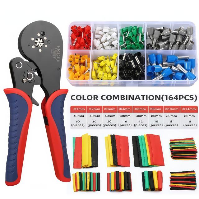TEMU Heavy-duty Crimping Tool Kit Hsc10 16-6 | Includes Terminal Types, Wire Nuts, Hex Crimpers For 0.08-16mm²/awg30-5 Pvc Insulated Cables, With Ve Tube Type Terminals In 8 Sizes