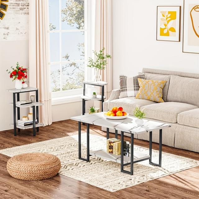 TEMU 3pcs Coffee Table Set, Living Room Coffee Table With 2 Side Tables And Metal Frame, Coffee Table Set For Living Room, Coffee Table Set For Living Room, Suitable For Apartments And Home Office