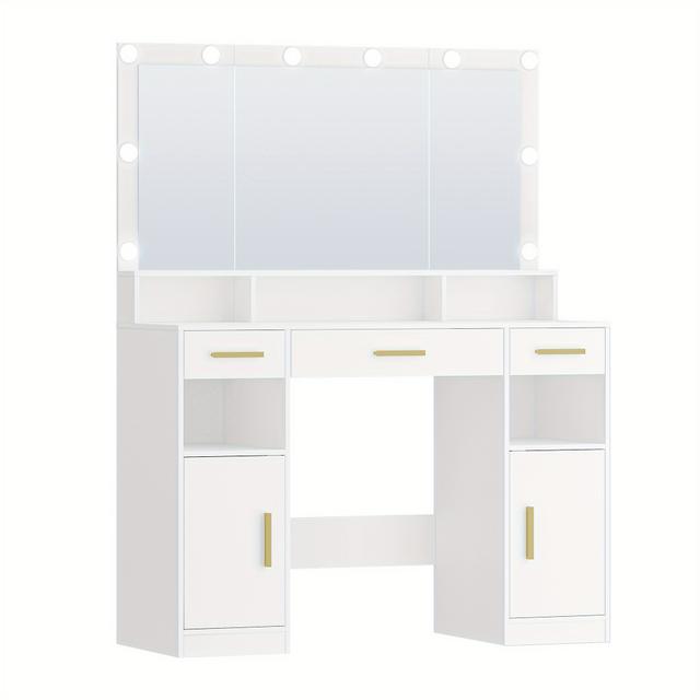 TEMU Jewelry Cabinet, Dressing Table With Large Mirror, Vanity Desk With Mirror Led, 3 Light Colors, Makeup Desk, 3 Drawers, 2 Storage Cabinets, 5 Open Compartments, 40 × 108 × 140 Cm, For Bedroom