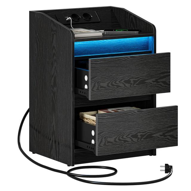 TEMU Nachttafel met LED-verlichting, oplaadstation, 2 lades, USB-poorten & stopcontact | Multifunctionele nachtkastje voor woonkamer en slaapkamer, wit/zwart, Hzuaneri
