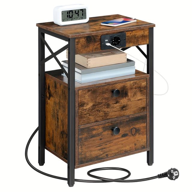 TEMU Bedside Table With Charging Station, Side Table With 2 Folding Drawers, Nightstand With Usb Ports And Socket, For Living Room, Bedroom, -black