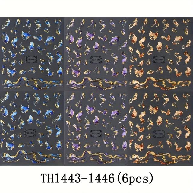 TEMU 6pcs Wave Marble Nail Sticker Set, Golden Blue Purple Brown Geometric Abstract Floral Self-adhesive Nail Art Decals For Women And S