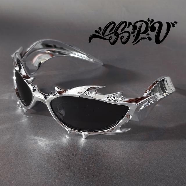 TEMU Sspv Flame Horns Fashion Glasses - Edgy Streetwear Style With Metallic Accents & Spiked , Black Frame & Lens For