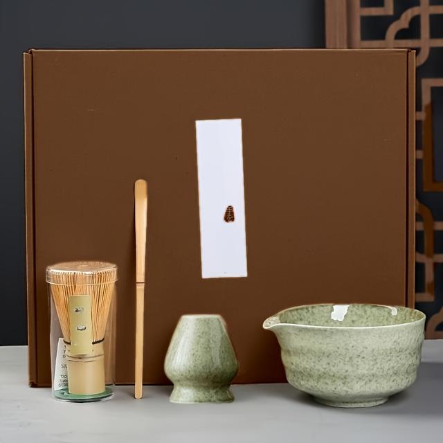TEMU Japanese Matcha Set(4/6pcs)-simple Premium Tea Green Glazed Ceramic Matcha Tool Set With Spout Matcha Bowl Tea Whisk Stand Set Collection Recommended Gift Box.