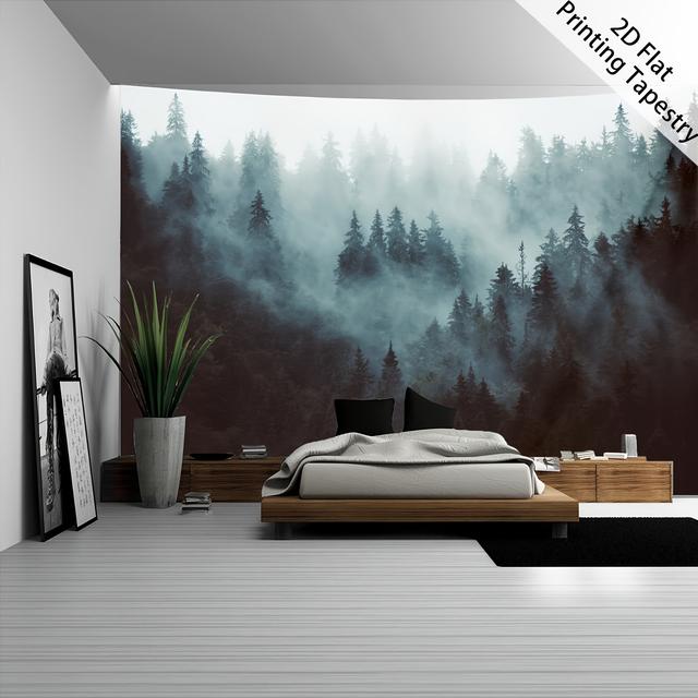 TEMU 2d Flat - 2d Flat - [2d Flat Printing] 1pc- Ultra Large Size- Misty Forest Landscape - Hd Digital Printing Huge Tapestry- Polyester- Home Decoration- With Free Hanging Clips