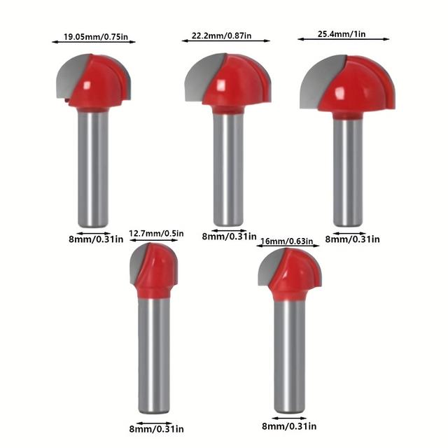 TEMU 5pcs Ball Nose End 8mm Shank Solid Round Nose Bits Wood Carving Round Nose Core Box Set For Woodworking