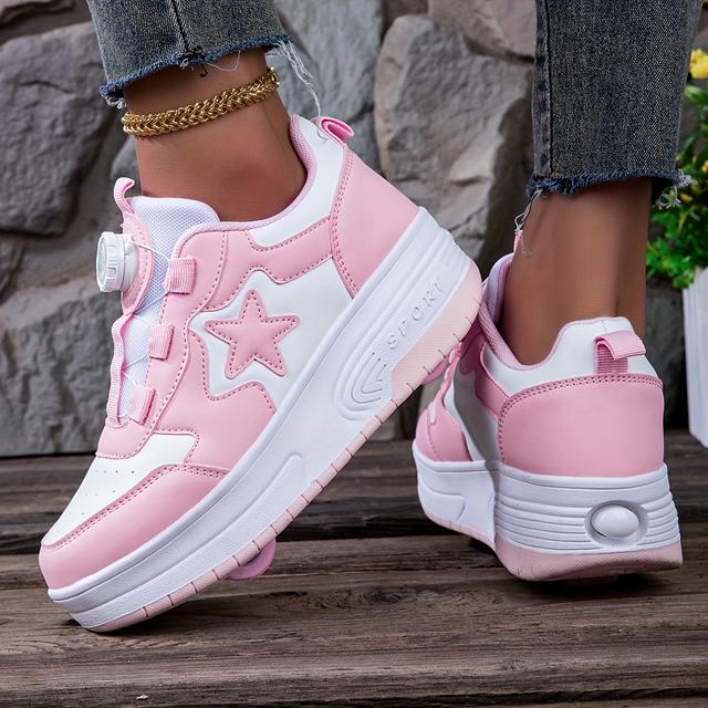 TEMU Mädchen Rosa Skate-Schuhe, Rollschuhe mit abnehmbaren Rädern, Drehknopfverschluss, Ganzjahres-Sportschuhe, Urlaubsgeschenk