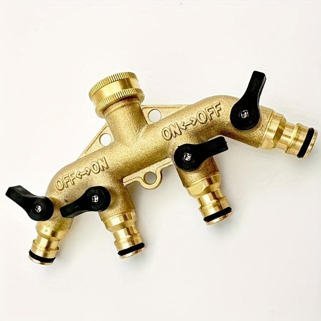 TEMU 1개 5개 중 1개, 유럽 표준 황동 헤비 듀티 4구 정원 호스 볼 밸브 디버터 (노란색 플라스틱 물 커넥터 4개 포함), 6점입구, 출구 (니플 포함), 정원 볼 밸브 4구 호스 물 파이프 커넥터 어댑터