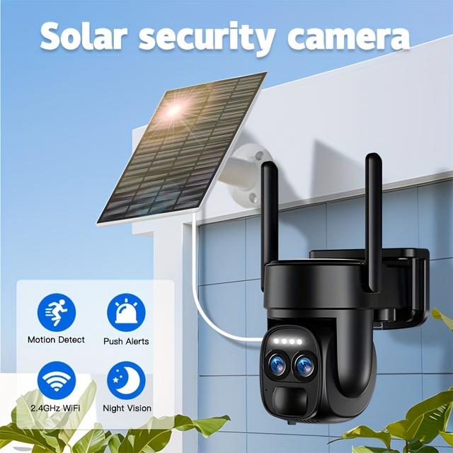 TEMU 1pc -controlled 360-degree Rotating Low-power Cctv Solar Panel Battery 2k Fhd Wifi Camera With Spotlight Alarm, Motion Detection, Color Night Vision, Audio