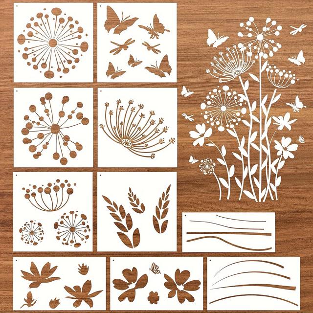 TEMU Löwenzahn Schablonen zum Malen - 10 Stück große wiederverwendbare Löwenzahn Schablonen, Blumen Schmetterling Schablonen zum Malen auf Möbel Dekor, Blumen Wand Malerei Schablonen Zeichnungsvorlage