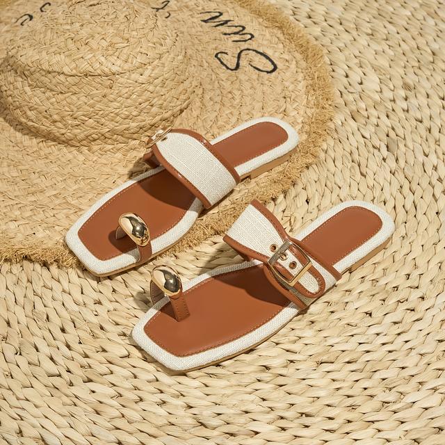 TEMU Women's Flat Toe Ring Sandals, Fashionable Style And Casual Slippers With Adjustable Buckle Comfortable Flat Sole Sandals