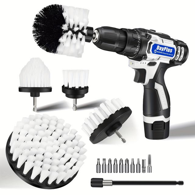 TEMU 2-in-1 Cordless Drill & Electric Spin Scrubber Cleaning Brush Set W/battey And Charger, 25+1 Keyless Clutch, 10pcs Drill Bits, 5pcs Drill Brush, 1pc Extended Rod, For Diy/repair/cleaning