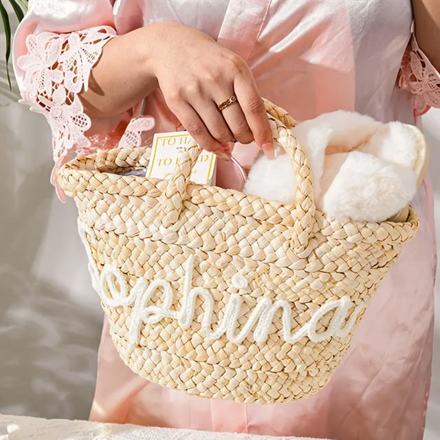 TEMU 1pc Personalized Custom Name Beach Bag - Custom Text/photo/initials, Lightweight Handbag With Zipper Closure, Durable & Nylon Blend, Elegant Woven Design For Women, Travel, Weddings, Beach Purse