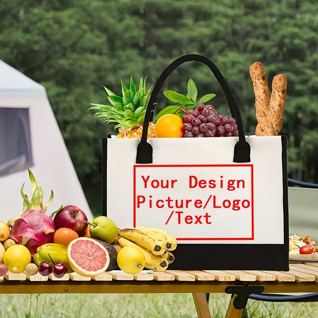 TEMU カスタムフォト/テキストプリントキャンバストートバッグ - 固定ショルラップ付き、折りたたみ式ビーチバッグ（オープントップデザイン） 男性用 カジュアルアウトドア・買い物＆用