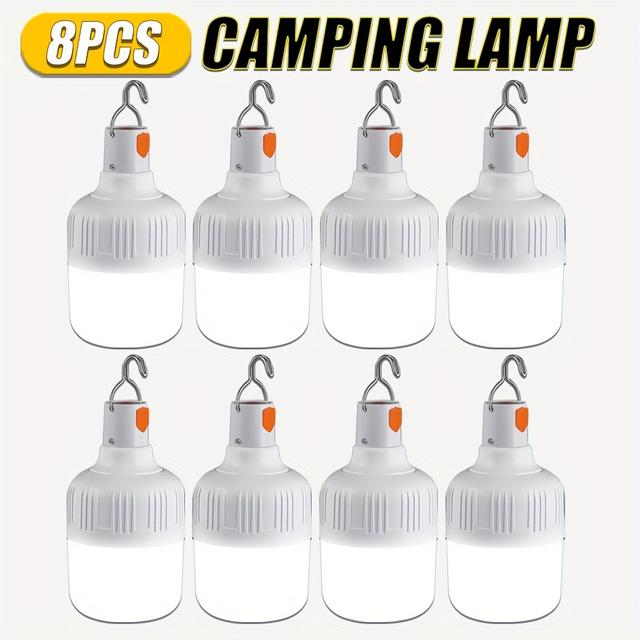 TEMU 8pcs Led Lantern, Portable Tent Lamp, Outdoor Led Bulb Light, Usb Rechargeable Flashlight, Camping Light With Hook For Adventure And Fishing Lighting Etc.
