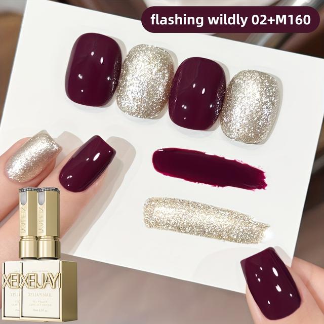 TEMU Xeijayi Frame Bottle Dingguang Flash 02+---new Nail Art Set With Flash Solid Color Gel Polish Shades, Featuring Champagne Glitter With Plum Color Gel. Salon Art Glitter Design With A Shiny Gloss