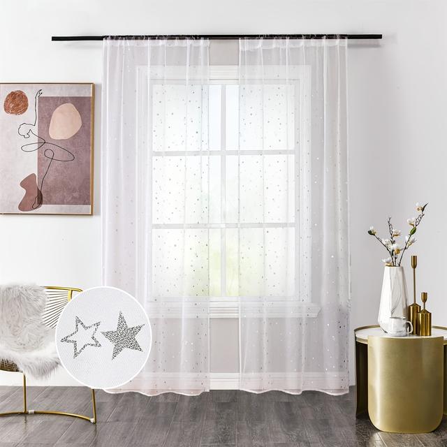 TEMU Zwei durchsichtige Vorhänge mit goldenem Sternenmuster, geeignet zur Dekoration von Schlafzimmern und Wohnzimmern.